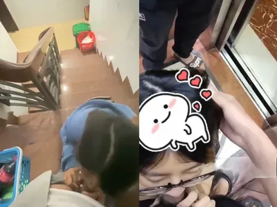 Em đang liếm cặc thì thang máy có người vào, vừa hồi hộp vừa nứng